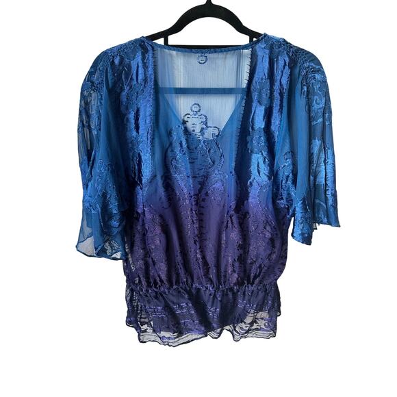 ECI New York Blue Ombré Burnout Silk Velvet Blouse Size 4 Fairycore BohoRomantic - Picture 2 of 8